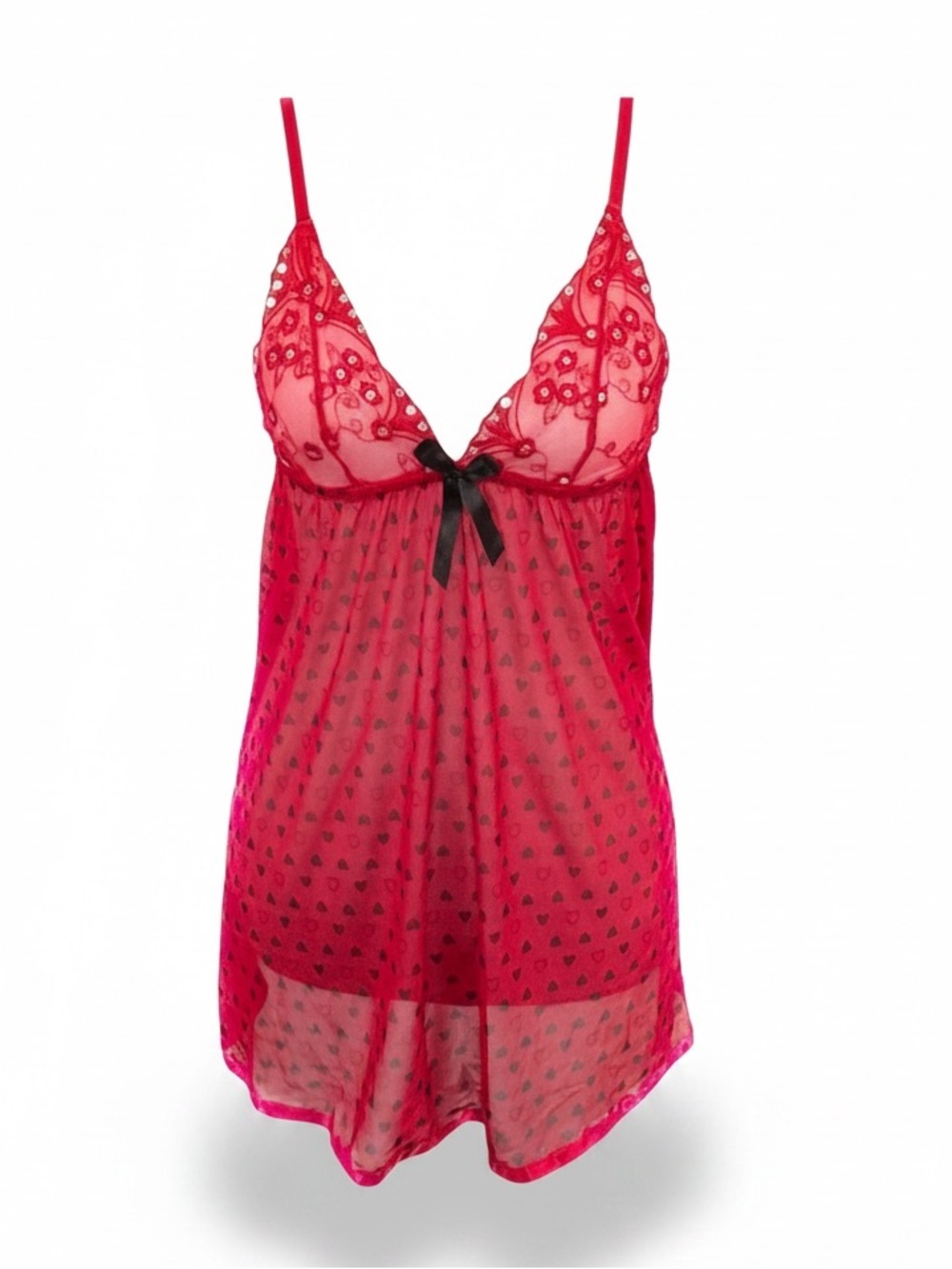 Red Mesh Black Heart Love Sequin Embellish Lace Sheer Negligee Nightgown S